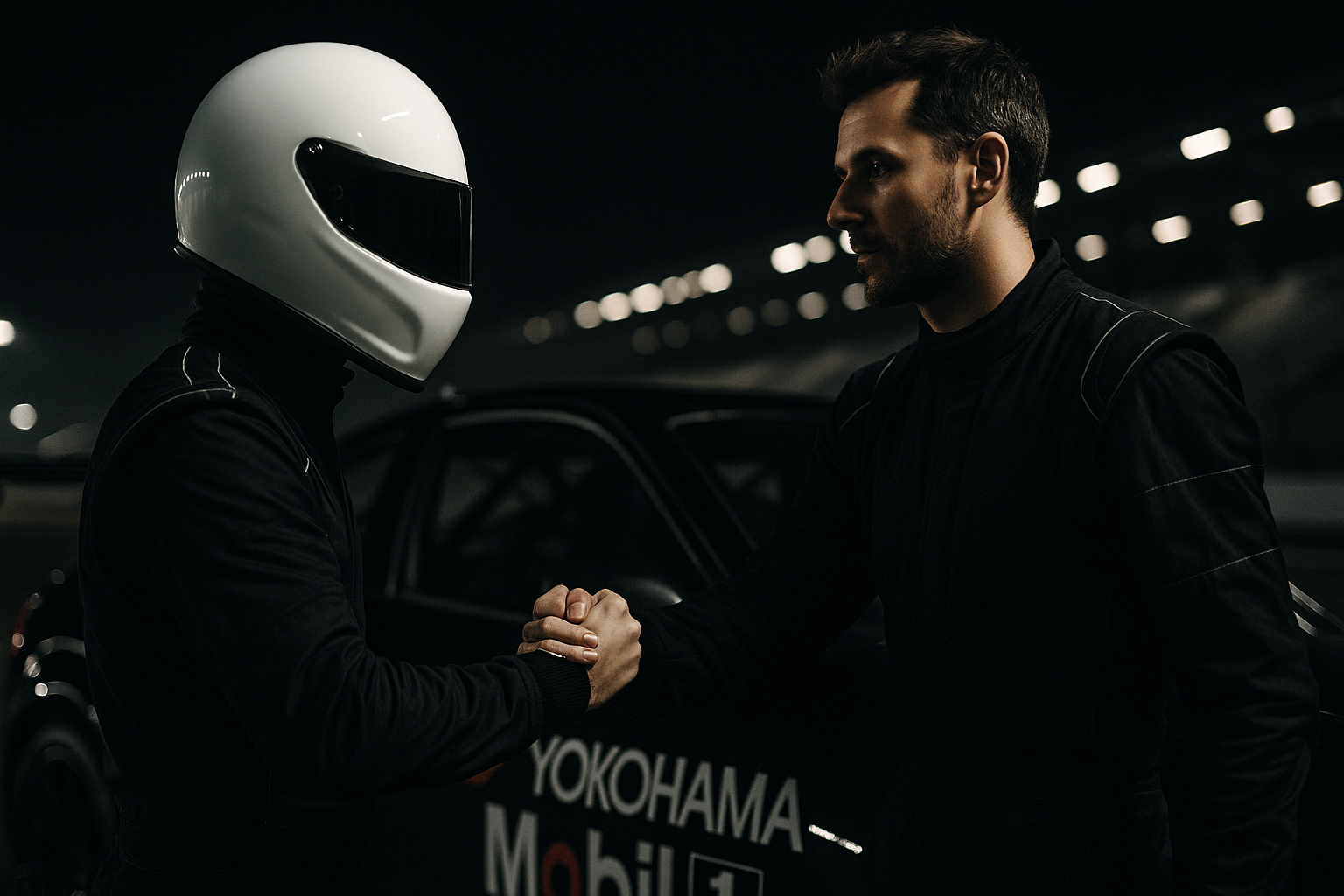 TheGoldStig shaking hands with a racing partner in front of a sponsor-branded race car, symbolizing strategic brand collaborations and motorsport sponsorships.
