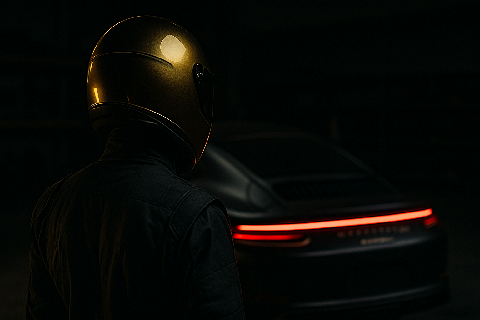 TheGoldStig in a black racing suit and gold helmet stands in a dark garage beside a sports car, representing high-performance coaching and racing mindset training.